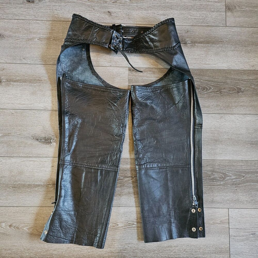 Women’s Braided Black Leather Motorcycle Chaps S Adjustable 28–34'' Side Zip